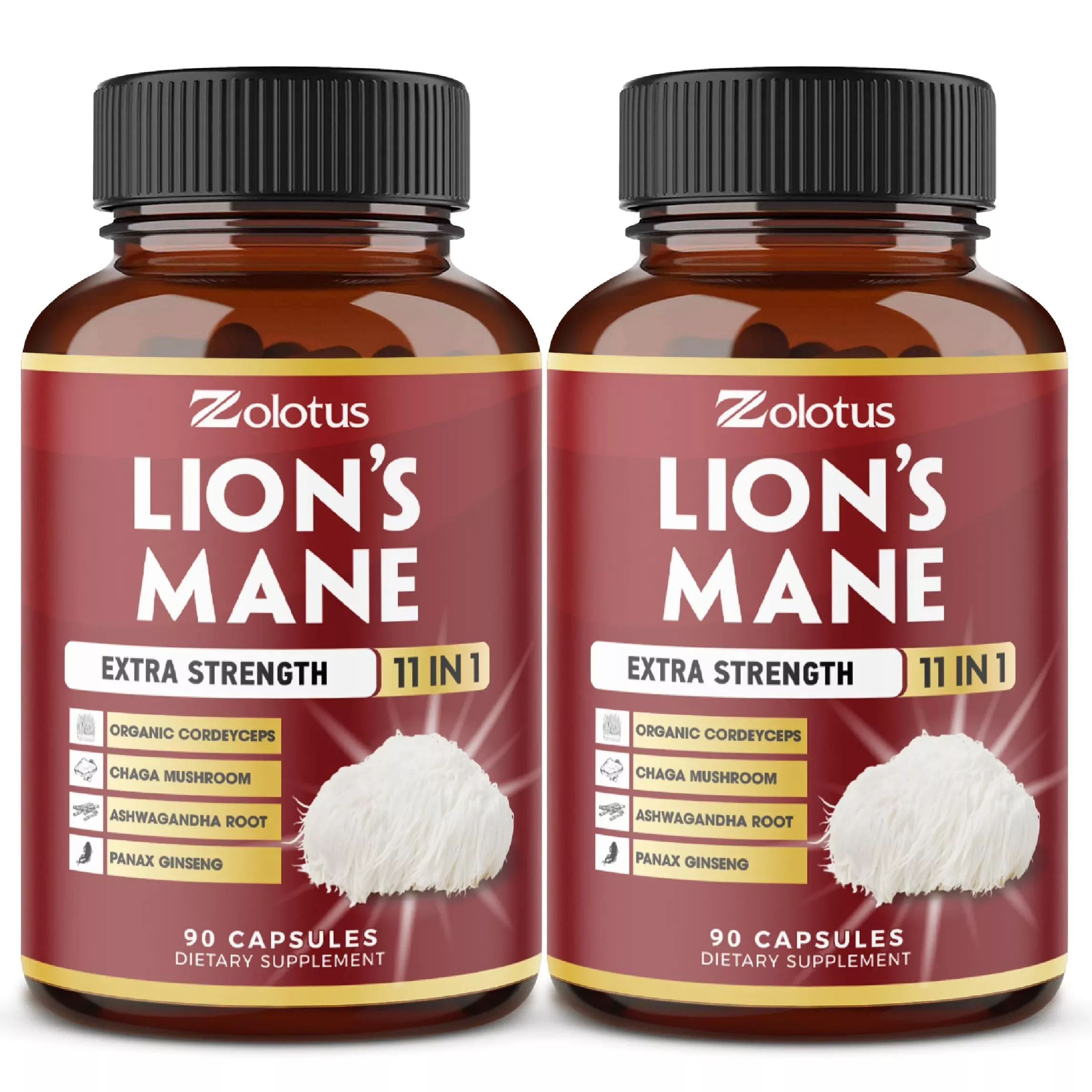 Zolotus 2 Packs 90 Capsules Lions Mane Mushroom Supplement, 6 Month Supply with Cordeyceps, Reishi, Ashwagandha, Focus, Memory and Brain Support Supplement, Immune Support, Energy Pills