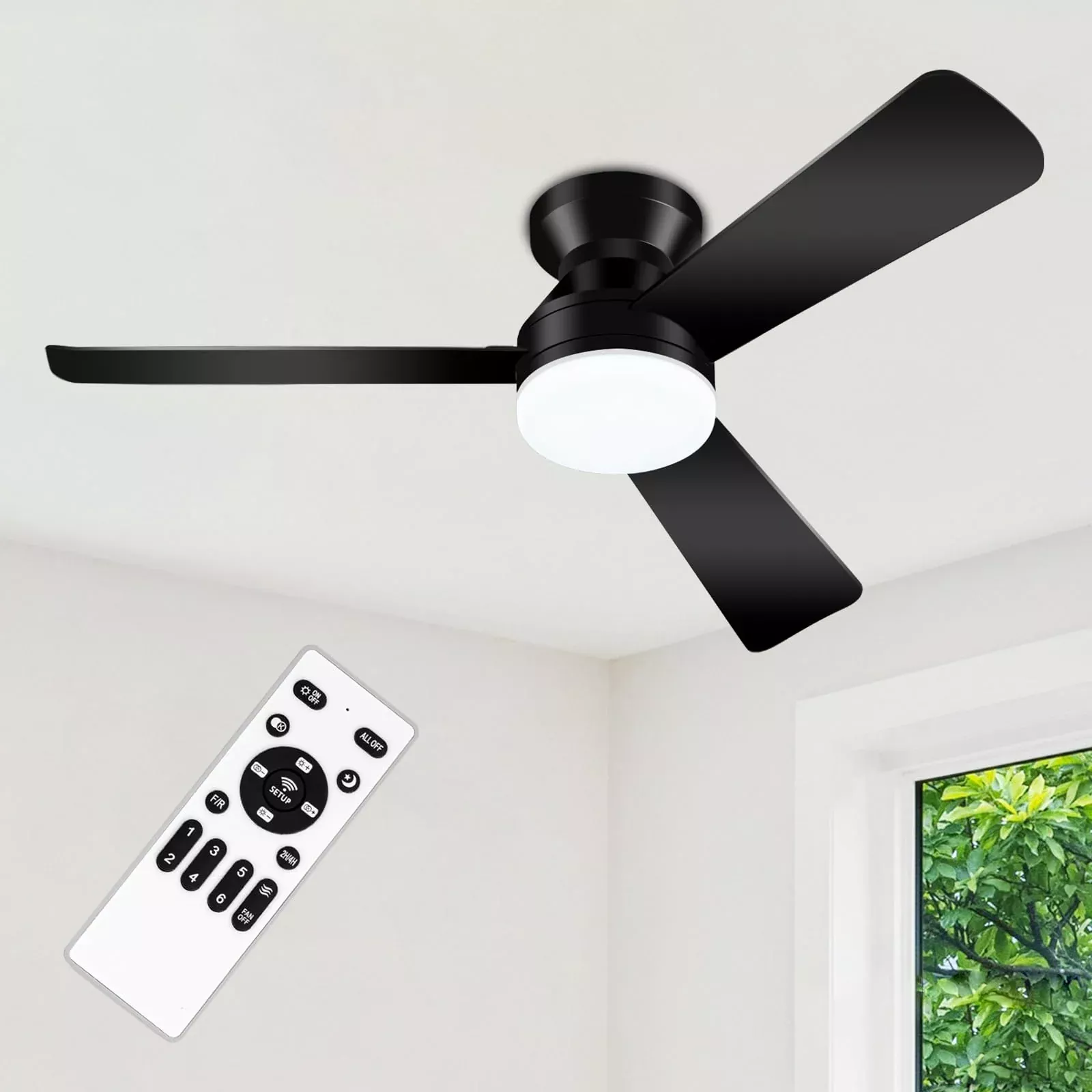 ZOUQILAI Ceiling Fans with Lights - 42 Inch Low Profile Ceiling Fan with Light and Remote, Reversible DC Motors, 3CCT Dimmable Timer Noiseless, Black Flush Mount Ceiling Fan for Bedroom /Living Room