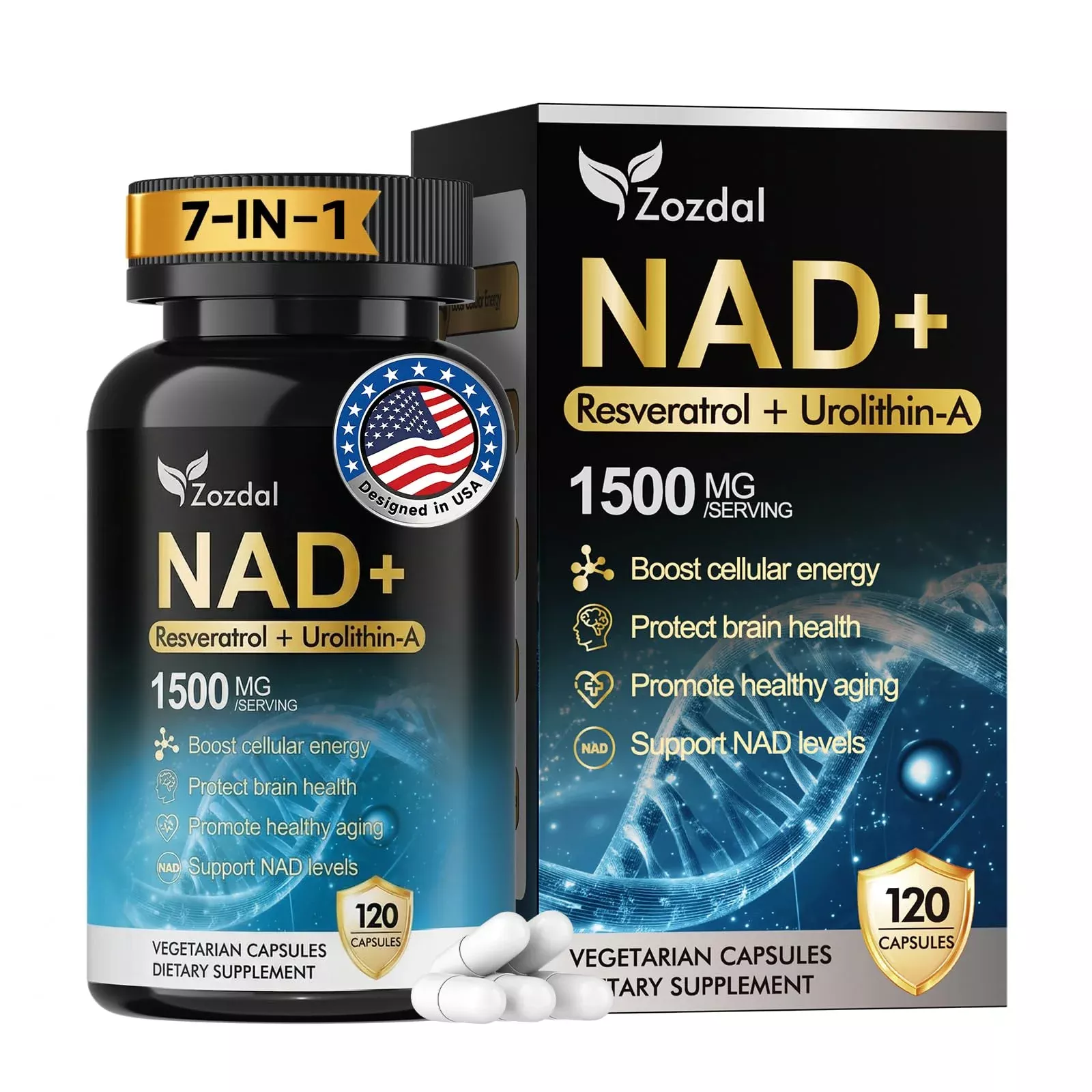 Zozdal NAD+ Supplement 1500mg - 7-in-1 Liposomal Formula with Urolithin A, CoQ10 & Resveratrol - Cellular Energy, Muscle Health & Healthy Aging Support for Women & Men- 120 Capsules