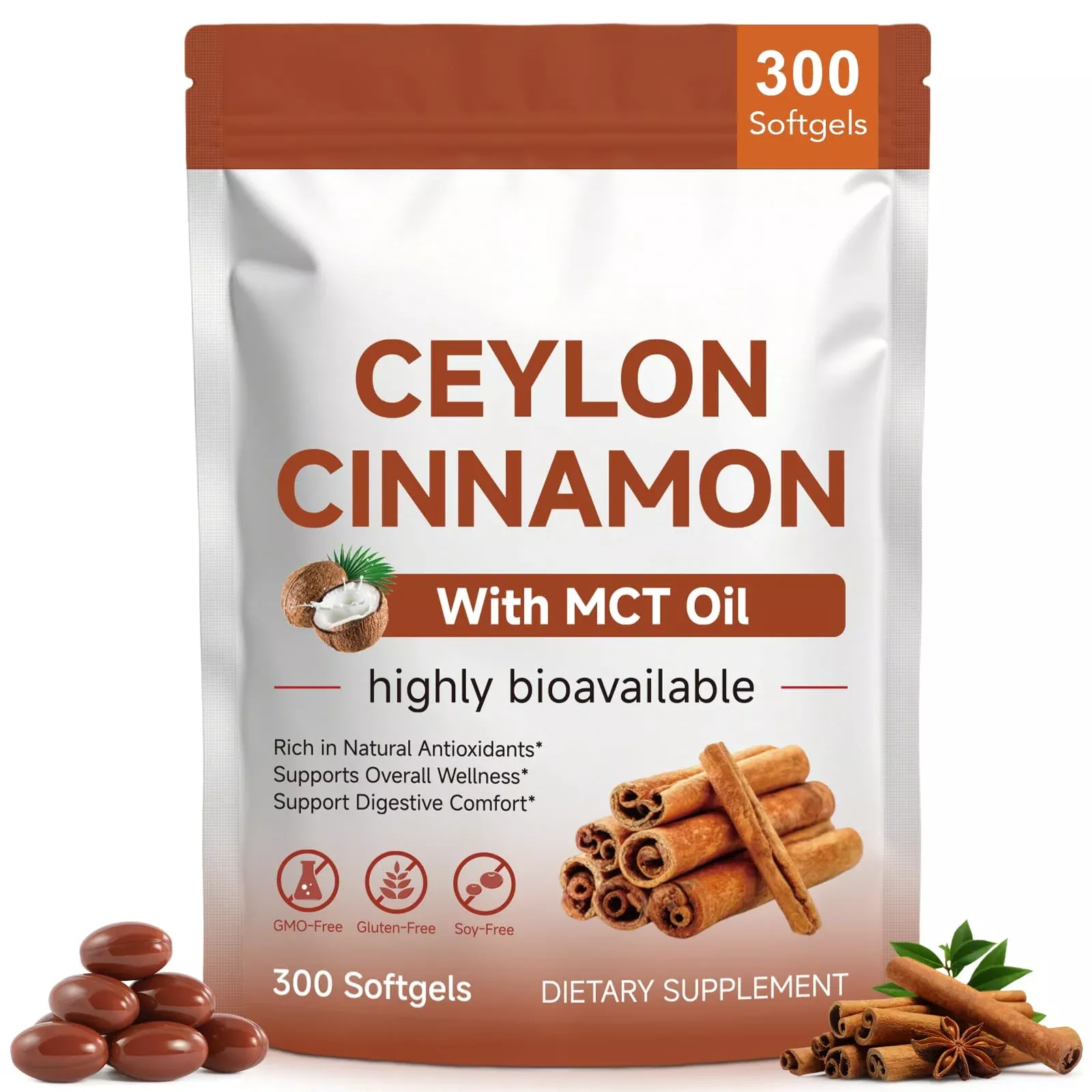 ZXJQLOS Ceylon Cinnamon Softgels with MCT Oil – 300 Softgels | Easy Absorption, Supports Digestive Comfort & Overall Wellness, Non-GMO, Gluten Free, Soy Free